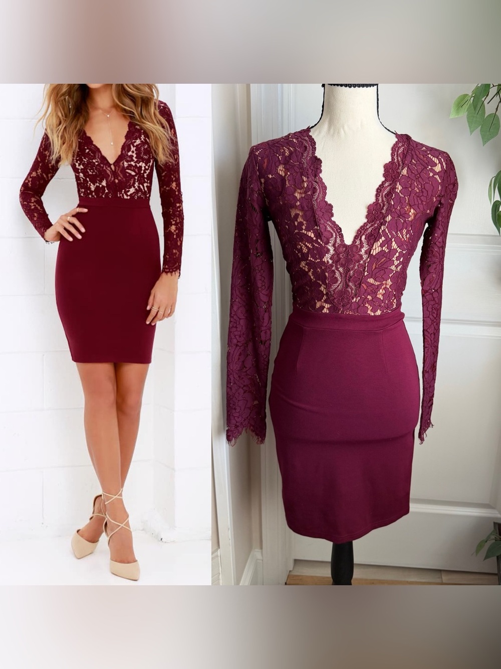 Lulus Swoon-er or Later Long Sleeve Lace Dress Burgundy Sz XS